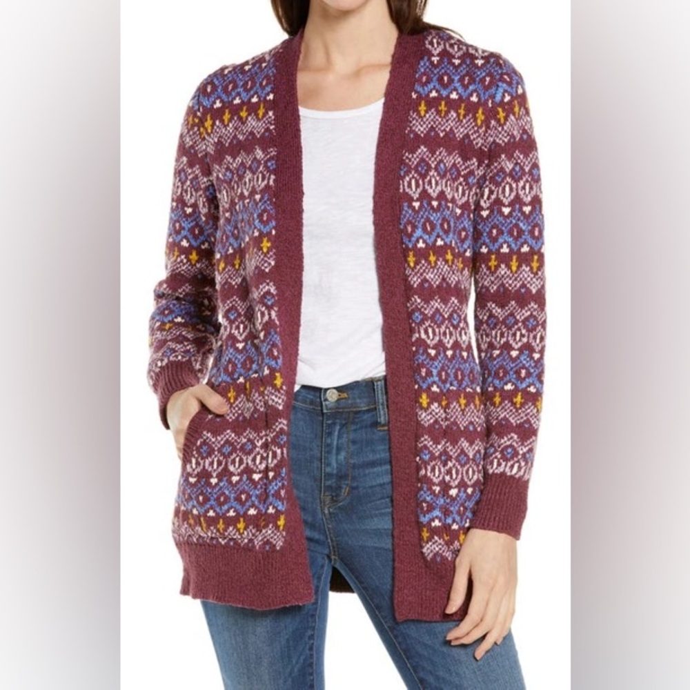 LL BEAN Fair Isle Cotton Ragg Cardigan Size Small